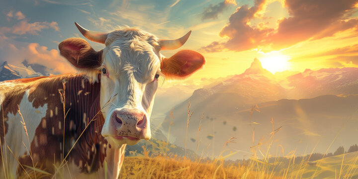 A serene cow stands in a picturesque landscape during sunset, with the mountains casting a warm golden glow