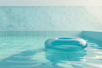 Serene image features a swimming pool with clear, blue water, an inflatable ring, and reflective tiles - obrazy, fototapety, plakaty