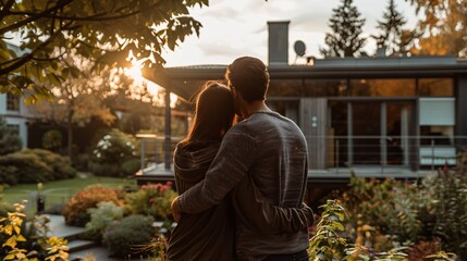 a man and woman hugging in front of a house - Powered by Adobe