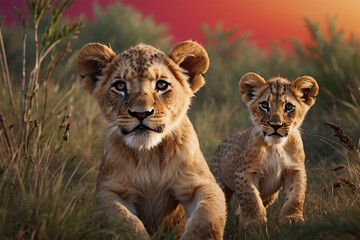 lion cubs in nature with pastel colors background