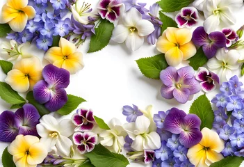  Fresh frame border of wet jasmine lily hollyhocks pansy periwinkle and lavender flowers © Spring of Sheba