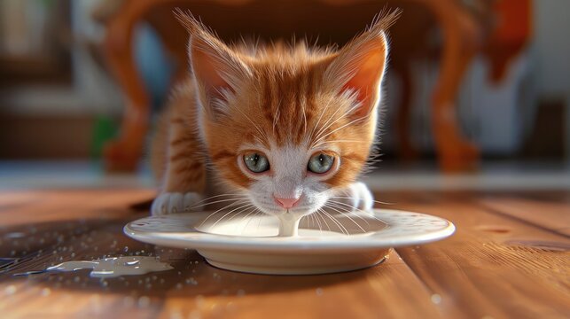 A realistic 3D scene of a kitten lapping milk from a saucer