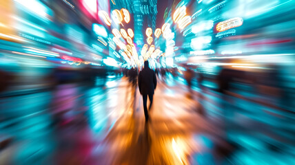 Silhouette of a person walking in the city at night with motion blur. Urban life and fast-paced living concept for dynamic design.