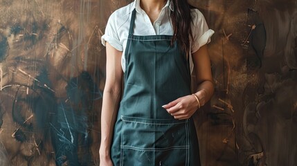 Closeup of a woman pointing at a kitchen apron against a warm brown background, inspiring culinary creativity and stylish designs. Ideal for kitchenware advertisements. - 780793575