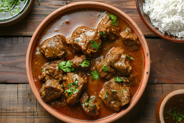 Rustic Delight: Traditional Mutton Curry Served With Steaming White Rice