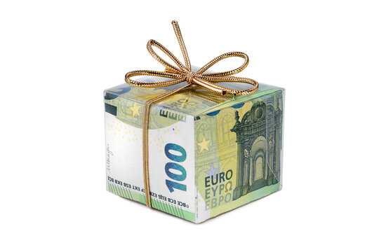 100 euro banknotes wrapped as a gift with golden cord isolated on white background, money as a gift, euros in a gift box