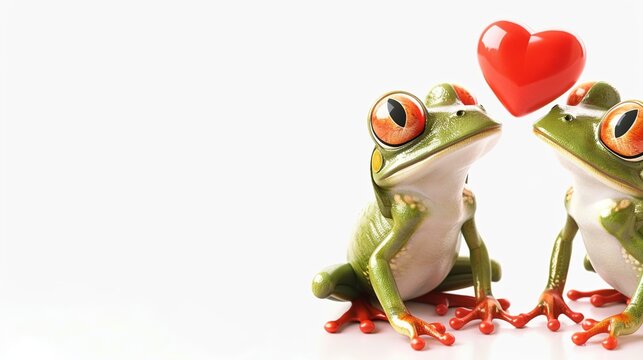 a poster with two cute frogs whimsical style facing each other and cartoon heart slightly above clean white background with empty space for text