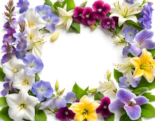 Lavender jasmine lily hollyhocks pansy and periwinkle flowers border frame