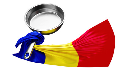 Modern Culinary Concept with Romania Flag Draped from a Shimmering Pan