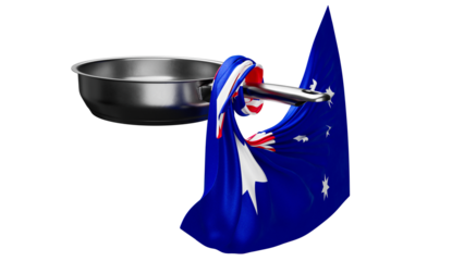 Modern Kitchen Display with Australian Flag Swirling from a Stainless Steel Pan