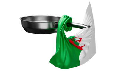 Modern Kitchen Design with Algerian Flag Wrapped Around a Stainless Steel Pan