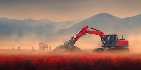 , holding a laptop computer while looking at an excavator working on the ground with golden hour light in the style of Van Gogh, created by ai