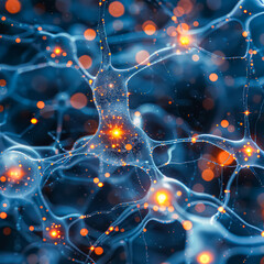 A close up of a brain with a lot of neurons and a lot of light. Concept of complexity and wonder at the intricacy of the brain