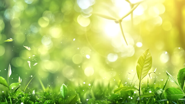 Fresh green leaves with sparkling dew and bokeh lights on a sunny nature background. Springtime and freshness concept for eco-friendly design and advertising