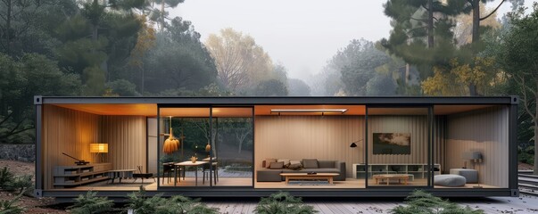 A minimalstic modern container weekend house.  Eco-friendly living accommodation or holiday home - obrazy, fototapety, plakaty