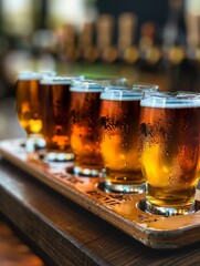 A flight of craft beer glasses on wooden bar, with different blonde beers in small glass mugs
