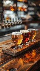 A flight of craft beer glasses on wooden bar, with different blonde beers in small glass mugs
