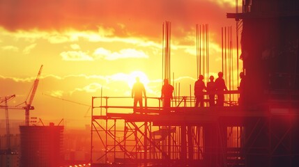 Silhouette construction industry team safely to work load concrete building  background sunset  for industry background 