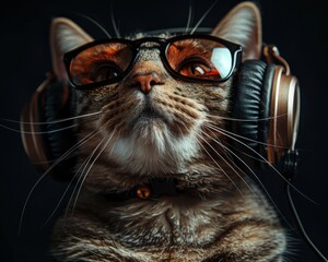Whimsical image of a CAT with stylish podcast headphones, a playful nod to music enthusiasts, set against a black background