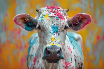 Cow adorned in colorful Holi powder strolls through festive Indian street celebration. Concept Indian Festivals, Holi Celebration, Colorful Cow, Street Photography, Cultural Traditions