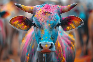 Cow adorned in Holi powder strolls through colorful Indian street festivities. Concept Holi Festival, Vibrant Celebrations, Cow in Indian Streets, Colorful Powder, Festive Atmosphere