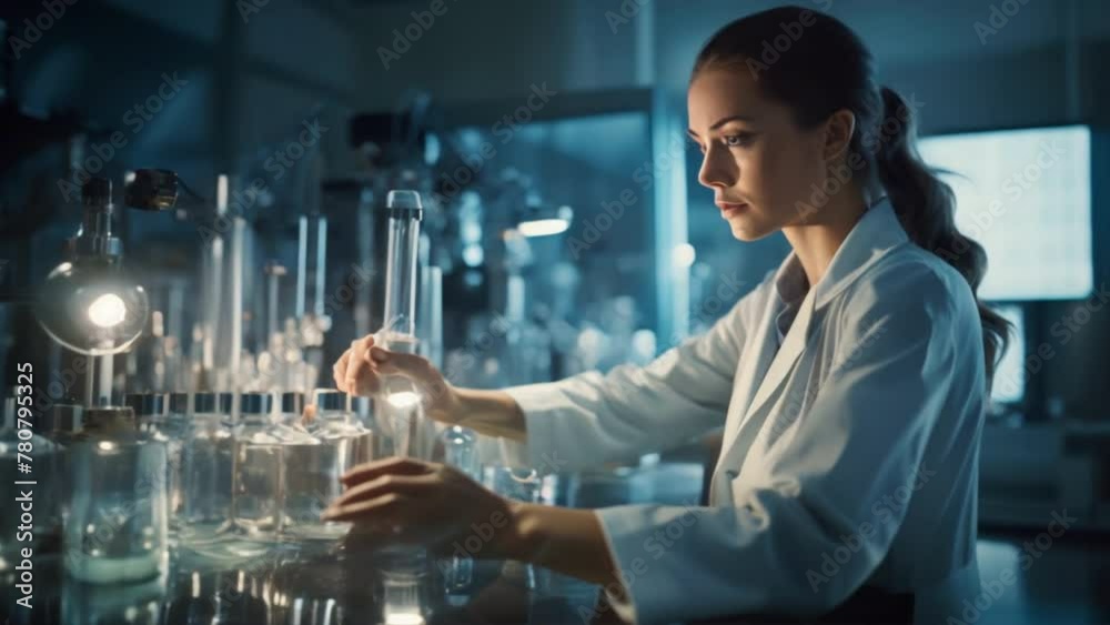 Poster woman wearing a lab coat is performing a precise experiment in a lab. the background is full of mode