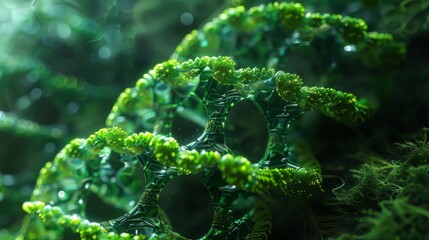 The essence of green DNA in an abstract sustainable design, projecting the advancements and ethical considerations in genetic modification and biotechnology