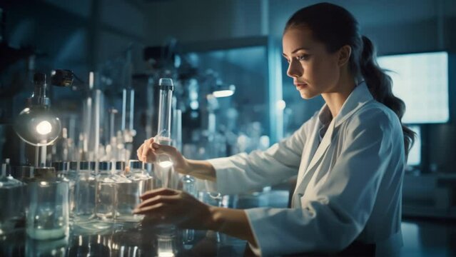 woman wearing a lab coat is performing a precise experiment in a lab. The background is full of modern scientific instruments. 
