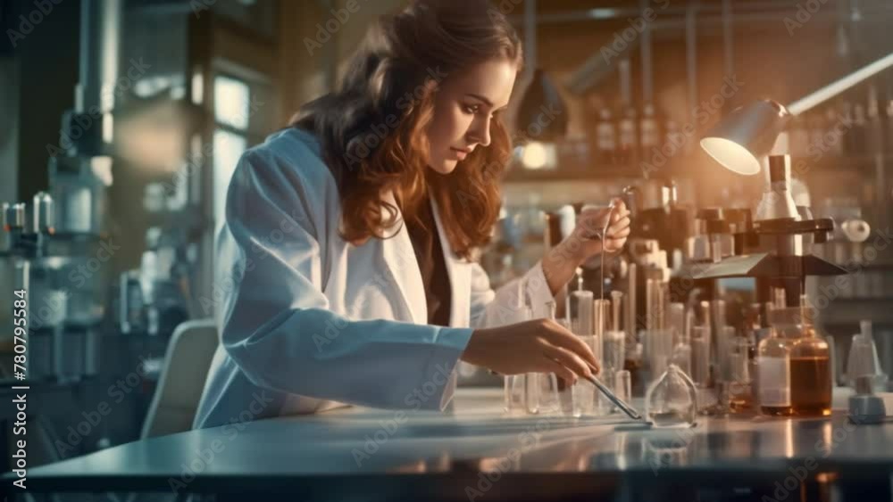 Aufkleber woman wearing a lab coat is performing a precise experiment in a lab. The background is full of modern scientific instruments. 