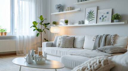 Scandinavian living room with built-in storage, plush sofa, modern lighting, and artwork
