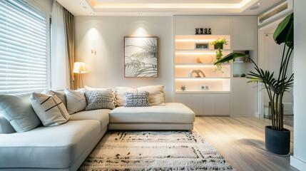 Scandinavian living room with built-in storage, plush sofa, modern lighting, and artwork
