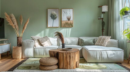 Scandinavian living room with olive green wall, bouclé sofas, nature photos, and wood tables
