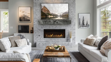 Scandinavian living room featuring granite fireplace, gray walls, slipcovered sofa, and landscape art
