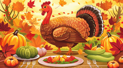 Thanksgiving cartoon turkey illustration with autumn vibe and fall foliage, pumpkins, and a bountiful harvest