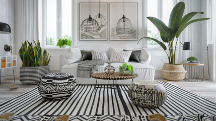 Scandinavian living room with striped rug, designer ottomans, wire sculptures, and snake plants
