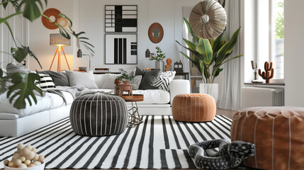 Scandinavian living room with striped rug, designer ottomans, wire sculptures, and snake plants
