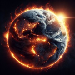 Wide view of the planet earth on fire due to climate change
