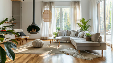 Scandinavian living room with family area, hanging fireplace, wood parquet flooring, and monstera plants 