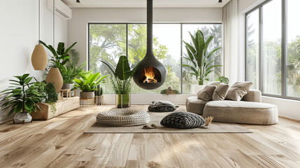 Scandinavian living room with family area, hanging fireplace, wood parquet flooring, and monstera plants
