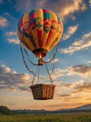 Colorful hot air balloon ascends gracefully into sky, illuminated by golden hues of setting sun that paints serene backdrop of soft clouds, tranquil landscape below. Balloon.