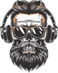 Vector illustration of skull with beard, mustache, hipster haircut and sunglasses. Skull with headphones Isolated on white background.