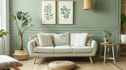 Fototapeta premium Luxurious Scandinavian Living Room Showcasing a Monochromatic White Color Scheme, High-End Minimalist Furniture, Abstract Ceramic Sculptures, and Potted Snake Plants 