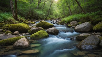 Naklejka na ściany i meble Serene stream flows gracefully through lush forest, its waters cascading over moss-covered rocks that scattered along waters path. Sunlight filters through dense canopy of trees.
