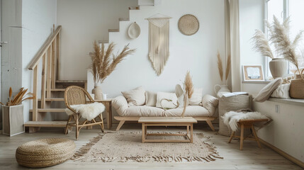 Luxurious Scandinavian Living Room Showcasing a Monochromatic White Color Scheme, High-End Minimalist Furniture, Abstract Ceramic Sculptures, and Potted Snake Plants
