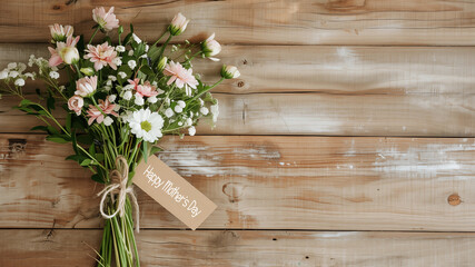Rustic bunch of white and pink flowers on wood planks background with copy space, Happy Mother's Day written on a paper label tag - 780796927