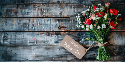 Rustic bouquet of white and red flowers on wooden planks background with copy space, Happy Mother's Day written on a paper label tag - 780796929