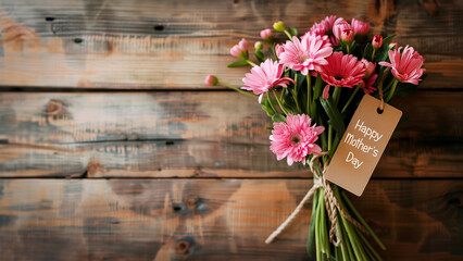 Bouquet of pink gerberas daisy flowers on wooden planks background with copy space, Happy Mother's Day written on a paper label tag - 780796959