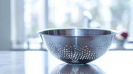 Closeup of a pristine colander on a clean white table, epitomizing kitchen cleanliness and culinary sophistication. Perfect for cooking enthusiasts and home chefs.