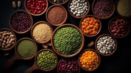 Legumes, a set consisting of different types of beans, lentils and peas, rice and buckwheat on a black background, top view. The concept of healthy and nutritious food - obrazy, fototapety, plakaty
