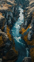 top-down view of a river running through a basalt canyon in iceland, drone perspective, moody weather, crepuscular light, cinematic textures